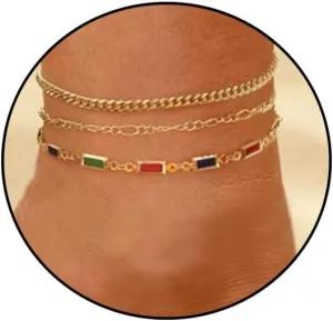3PCS Gold Ankle Bracelets for Women Gold Link Ankle Bracelets Colorful geometric gemstone anklet Bracelets Set Summer Beach Ankle Bracelets for Women