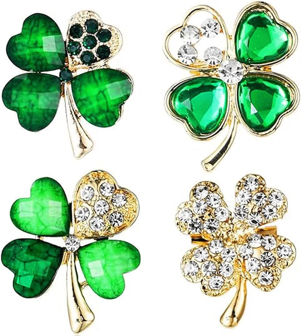 4x Four Leaf Clover Brooches for Women Rhinestone Good Luck Charm Green Brooch Pins for St. Patrick's Day Accessories Crystal Lapel Pins for Girls Wedding Party Holiday Jewelry Gift