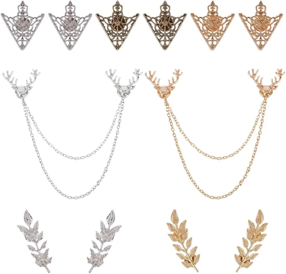 7 Pairs Retro Hollow Pattern Shirt Collar Chain Brooch Buckle Suit Collar Pin Double Gold Leaves Sweater Brooch Pin Shirt Collar Decor Brooches Accessories for Halloween Christmas Party