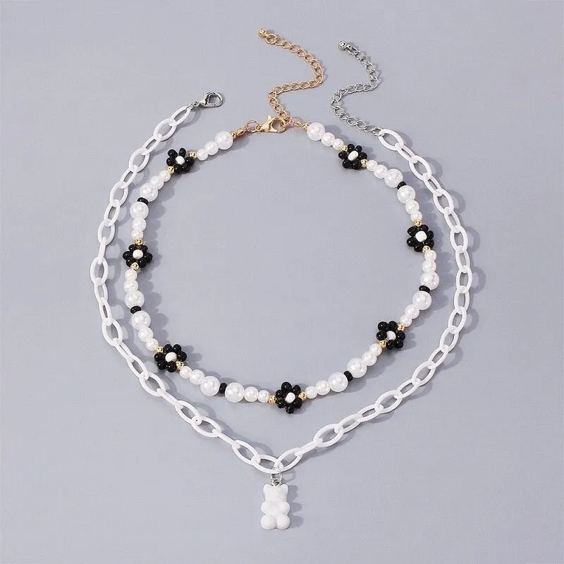 Black and White Gothic Multi-layer Choker Necklaces with Bear Charms