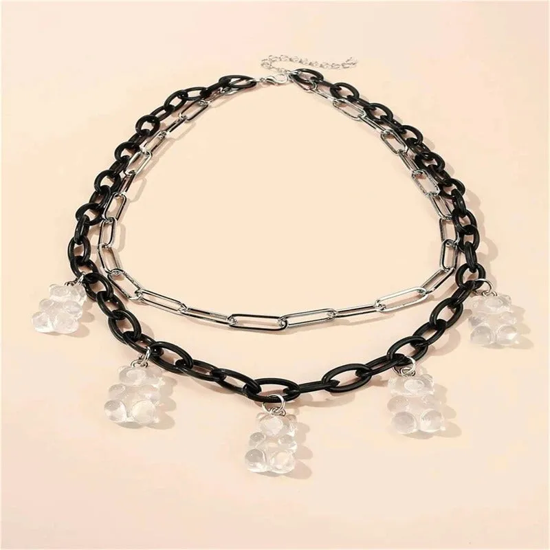 Black and White Gothic Multi-layer Choker Necklaces with Bear Charms