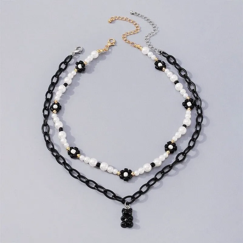 Black and White Gothic Multi-layer Choker Necklaces with Bear Charms