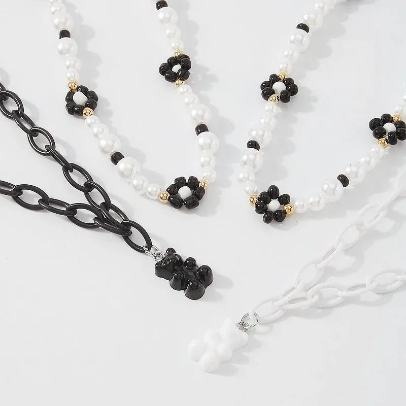 Black and White Gothic Multi-layer Choker Necklaces with Bear Charms