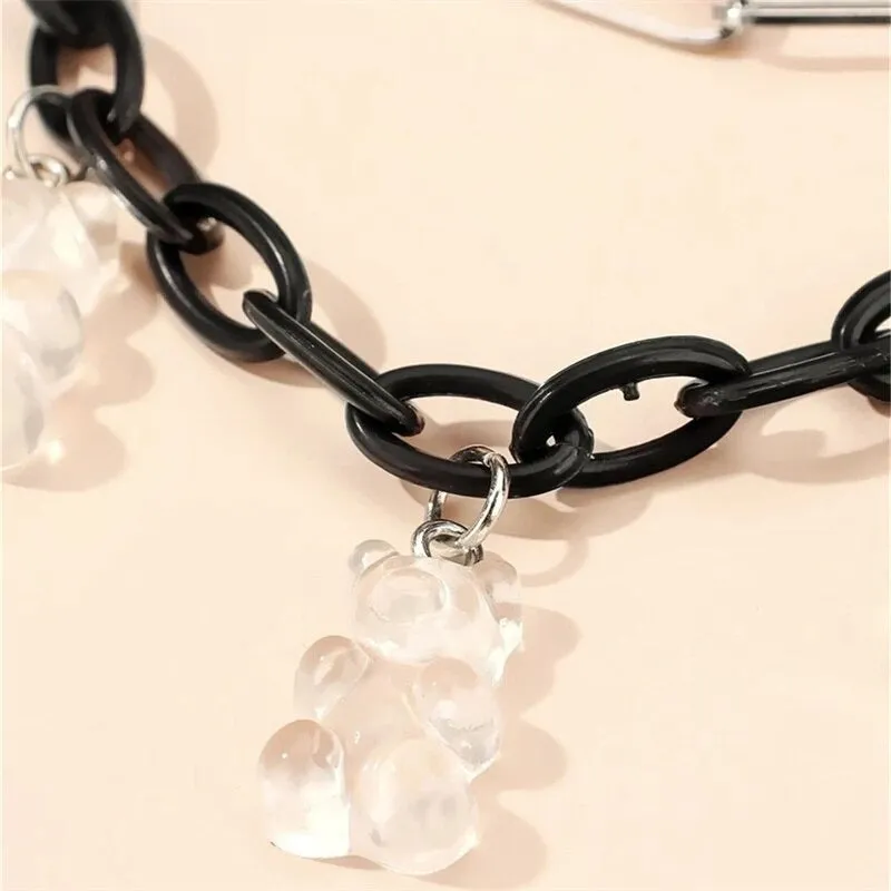Black and White Gothic Multi-layer Choker Necklaces with Bear Charms