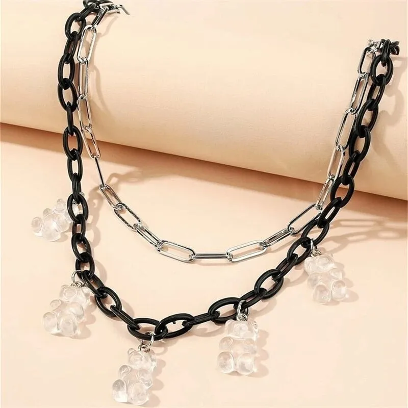 Black and White Gothic Multi-layer Choker Necklaces with Bear Charms
