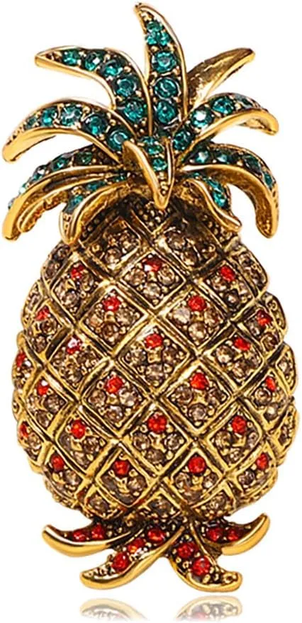 CZ Pineapple Brooch Pin for Women Green Leaf Red Bithstone Fruit Brooches Lapel Pins Dress Accessories Rhinestone Cartoon Beach Party Retro Jewelry