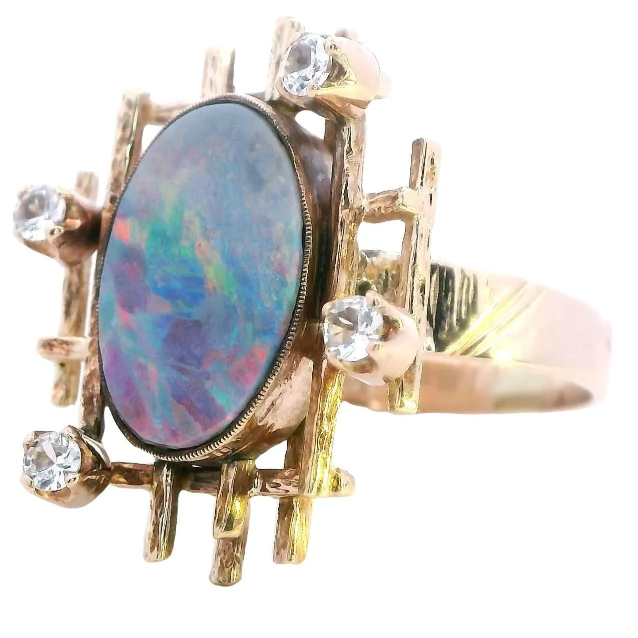 Exquisite 9ct Yellow Gold Opal Doublet & White Sapphire Ring