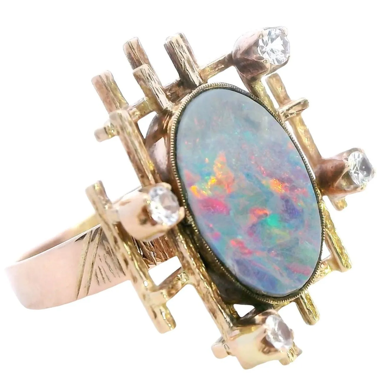 Exquisite 9ct Yellow Gold Opal Doublet & White Sapphire Ring