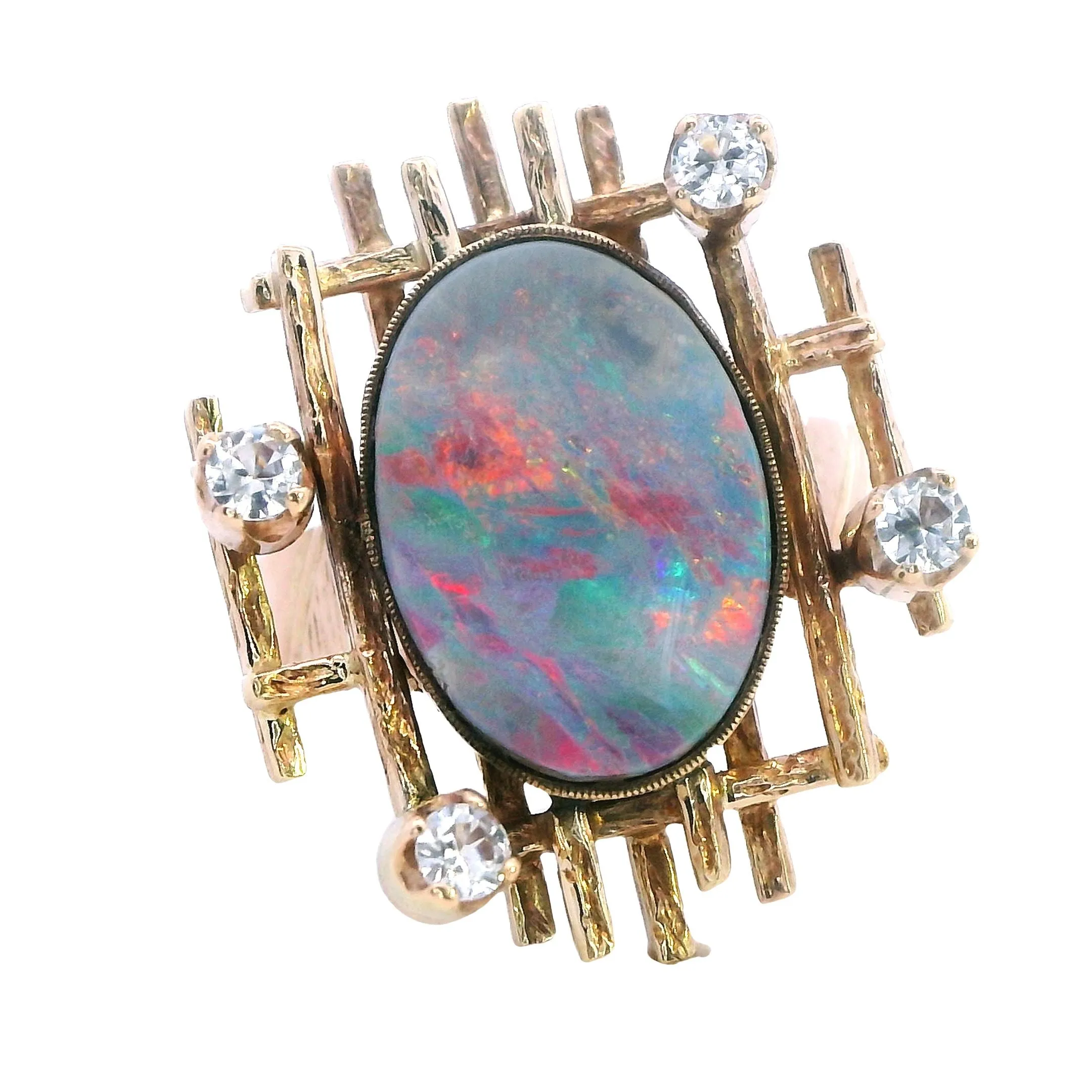 Exquisite 9ct Yellow Gold Opal Doublet & White Sapphire Ring