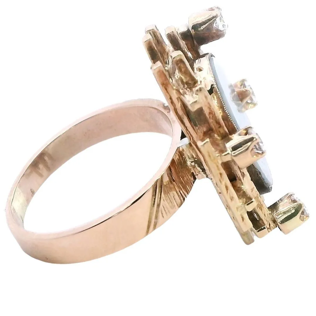 Exquisite 9ct Yellow Gold Opal Doublet & White Sapphire Ring