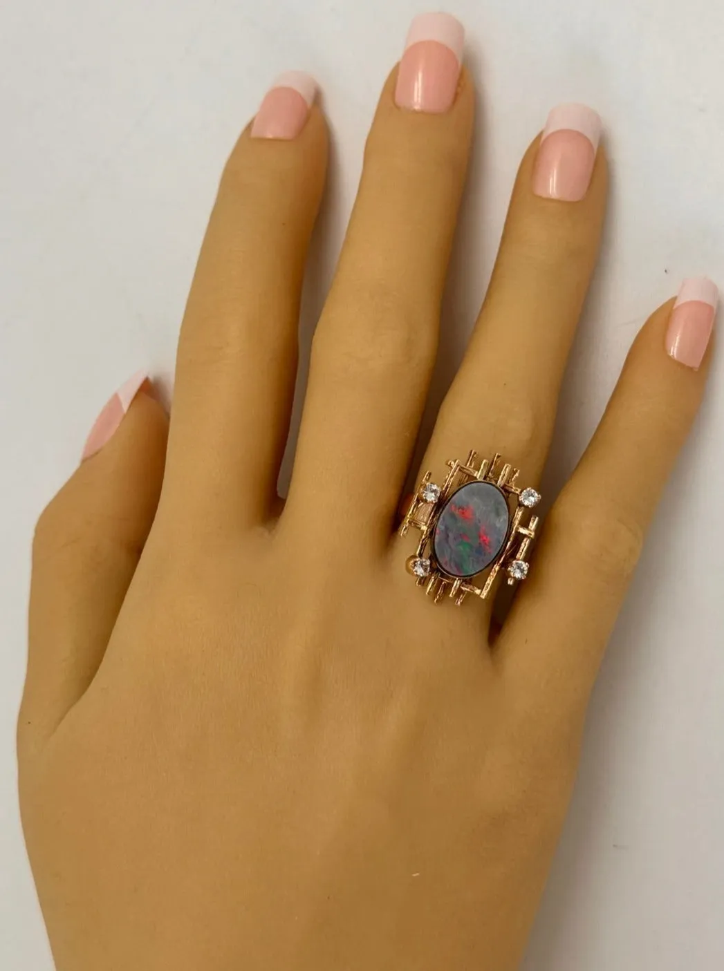Exquisite 9ct Yellow Gold Opal Doublet & White Sapphire Ring