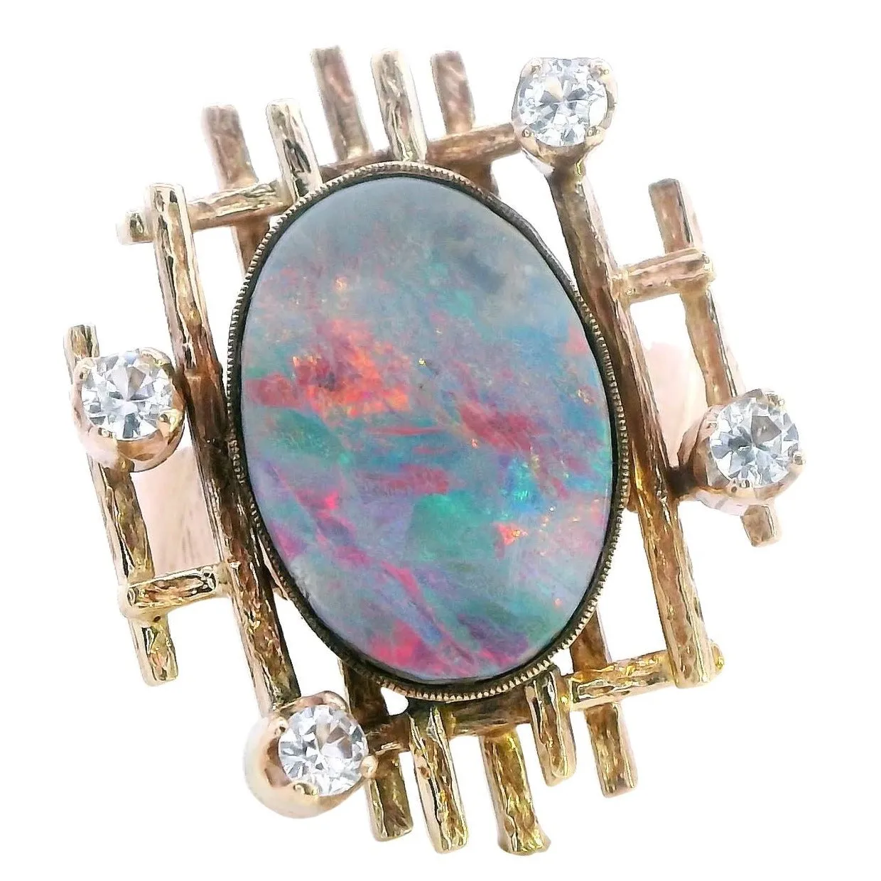Exquisite 9ct Yellow Gold Opal Doublet & White Sapphire Ring