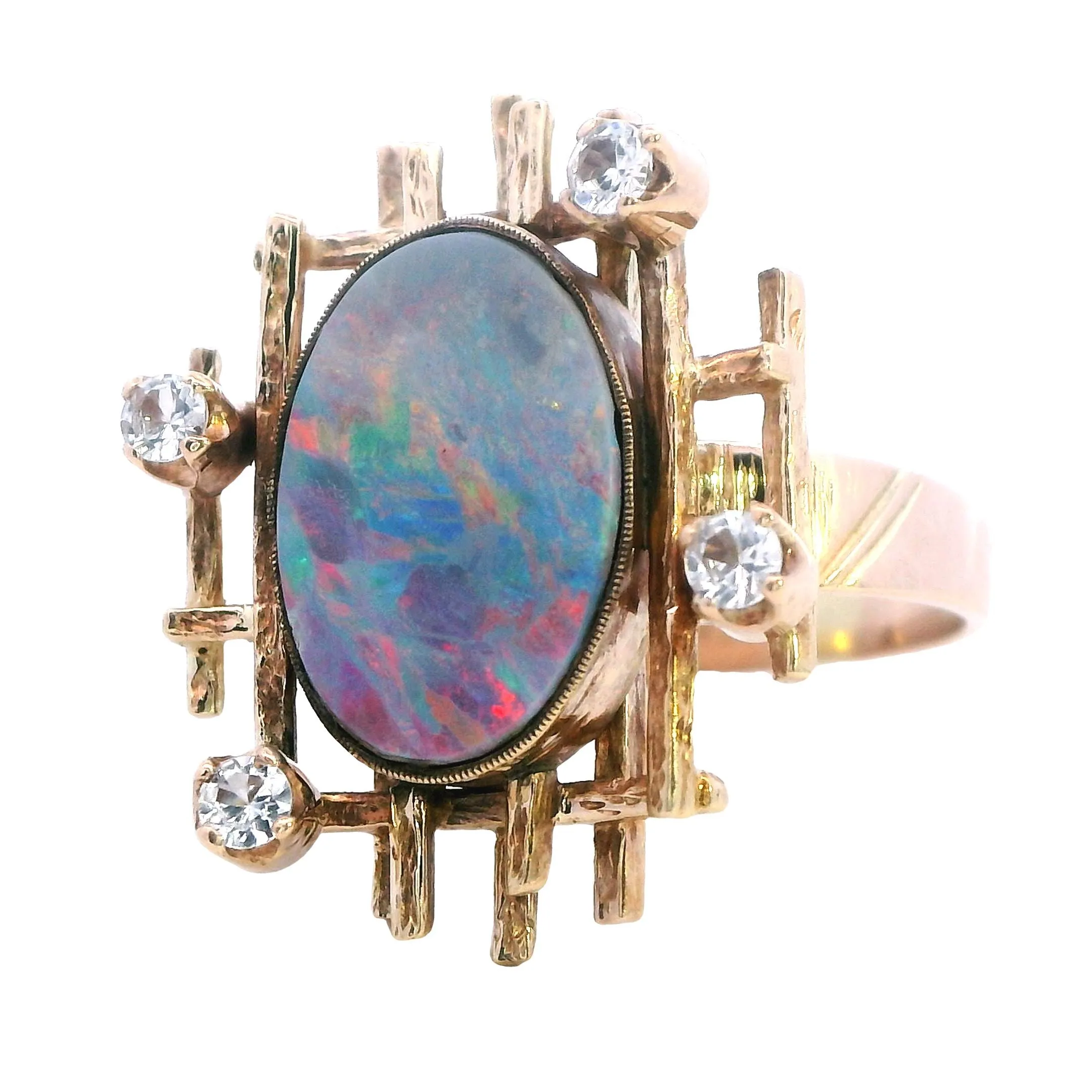 Exquisite 9ct Yellow Gold Opal Doublet & White Sapphire Ring