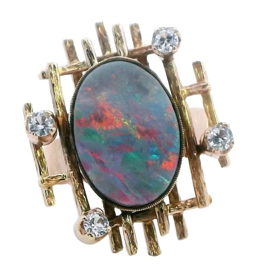 Exquisite 9ct Yellow Gold Opal Doublet & White Sapphire Ring