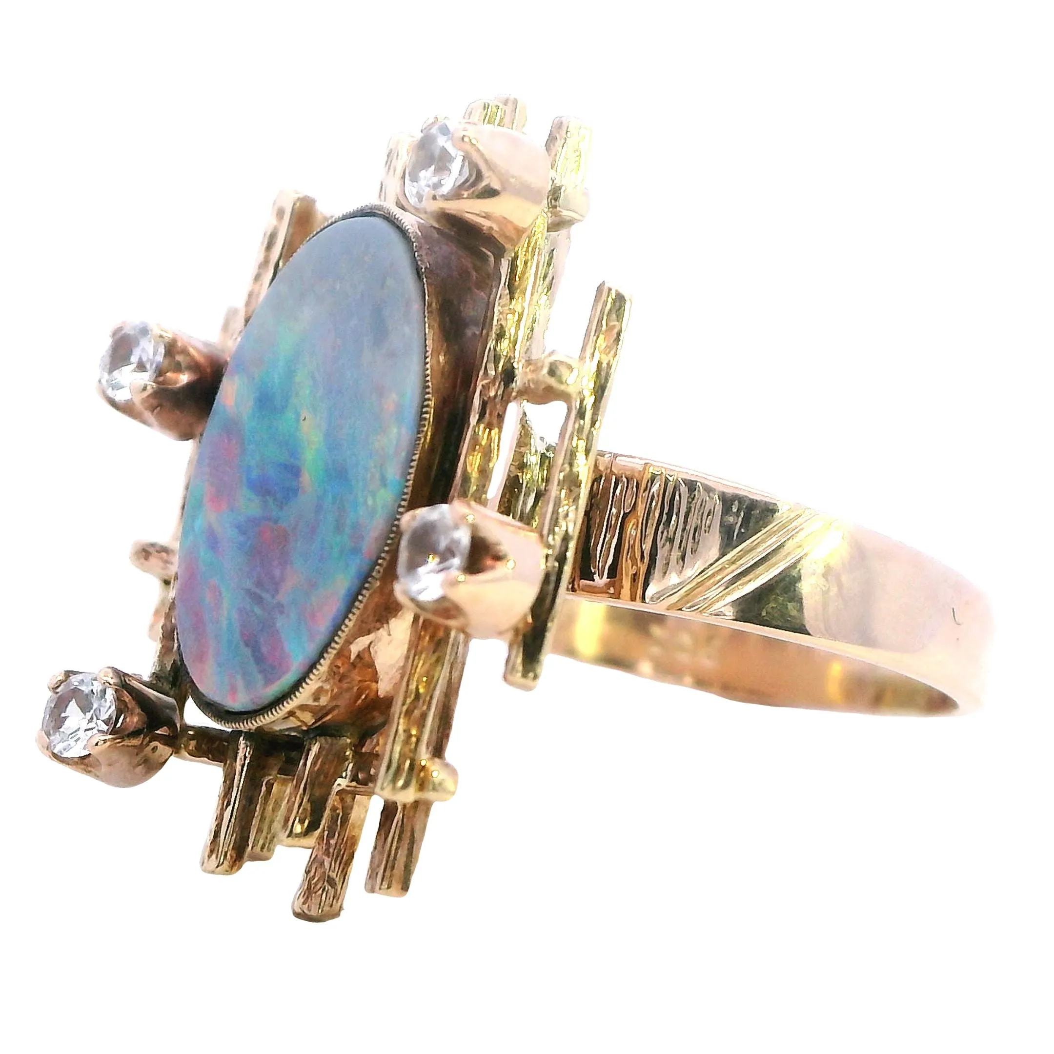 Exquisite 9ct Yellow Gold Opal Doublet & White Sapphire Ring