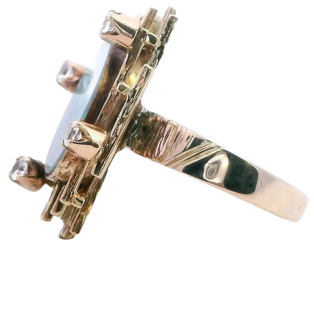 Exquisite 9ct Yellow Gold Opal Doublet & White Sapphire Ring