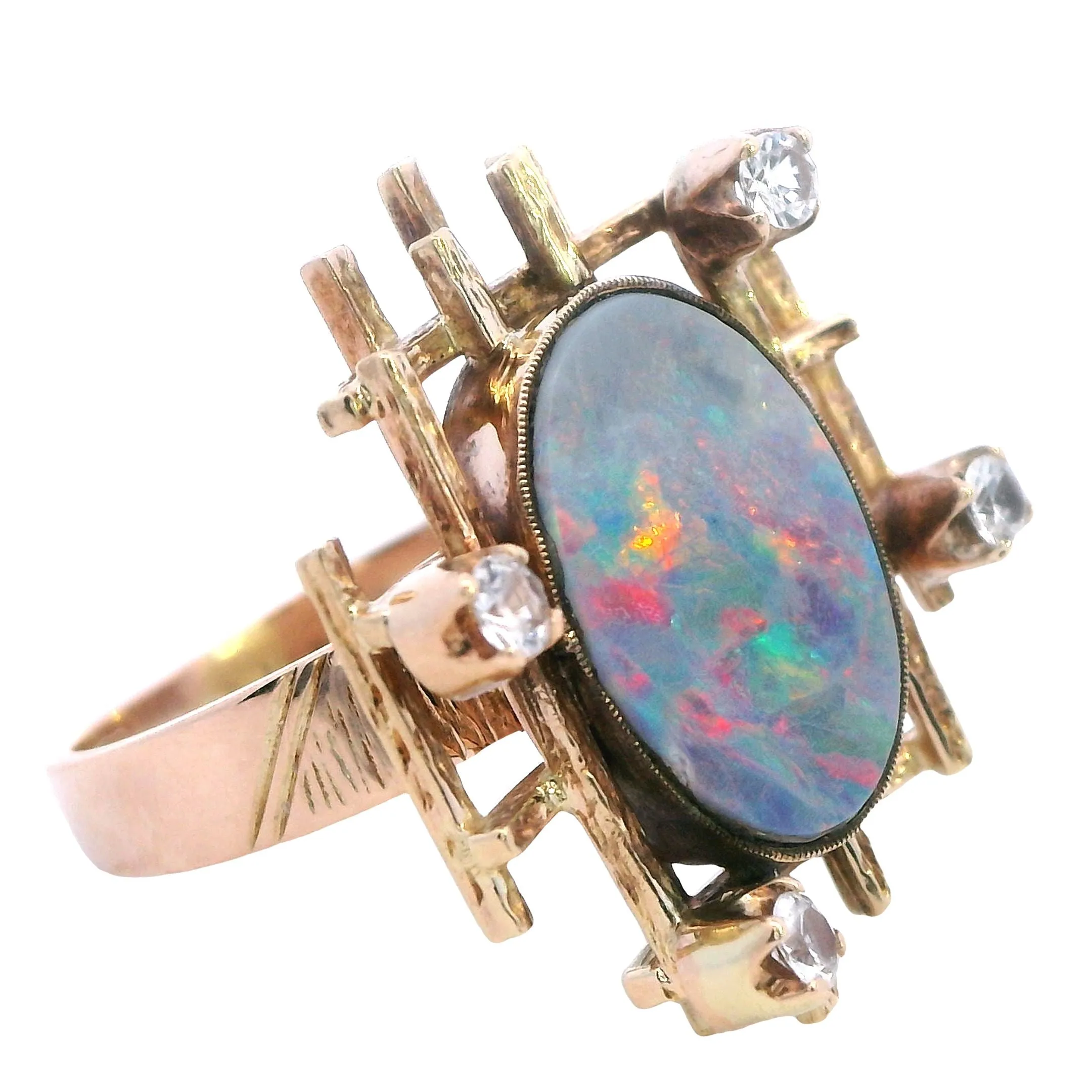 Exquisite 9ct Yellow Gold Opal Doublet & White Sapphire Ring