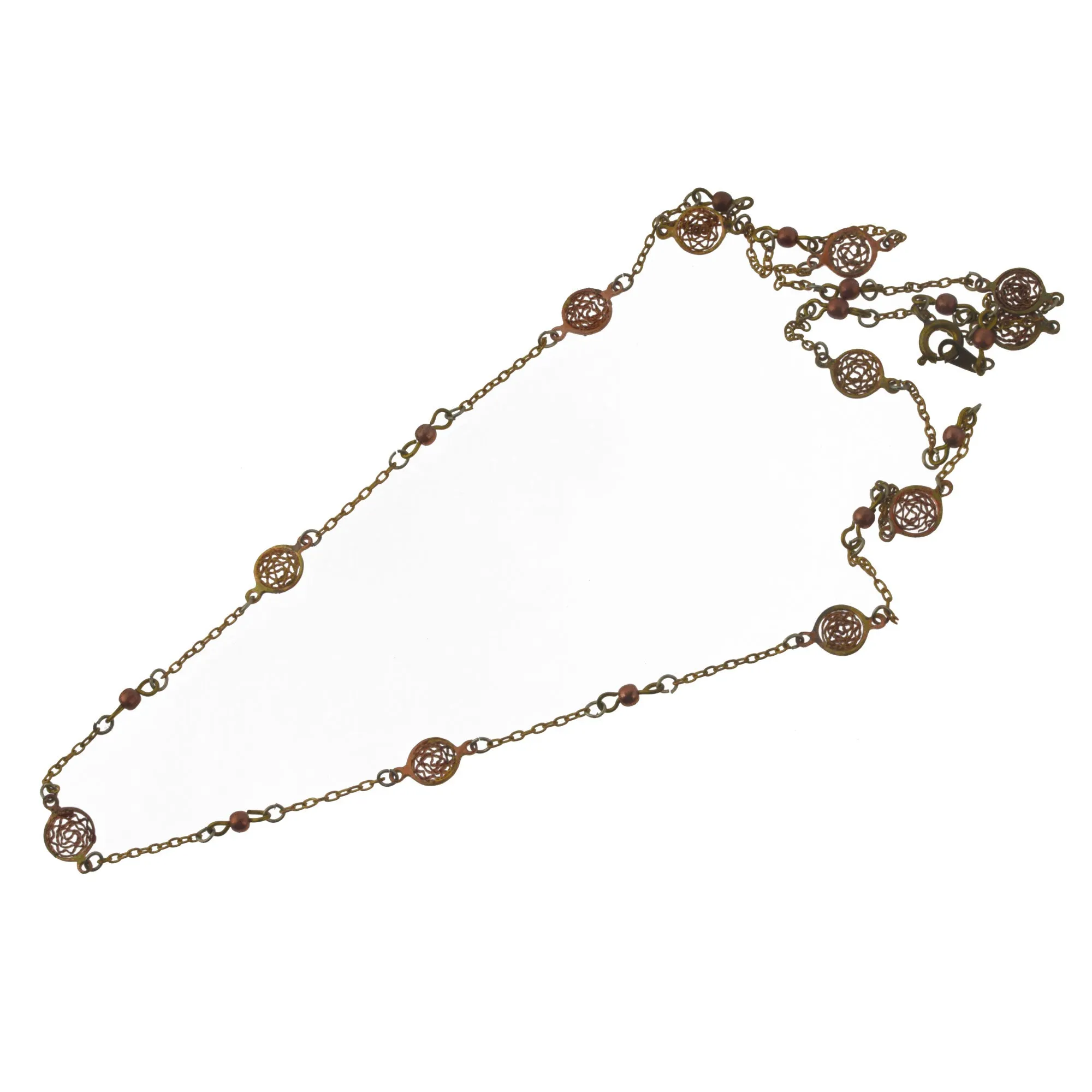 Finished yellow brass chain, copper balls, filigree plates,24 inches. Pkg 1. b12-chn596