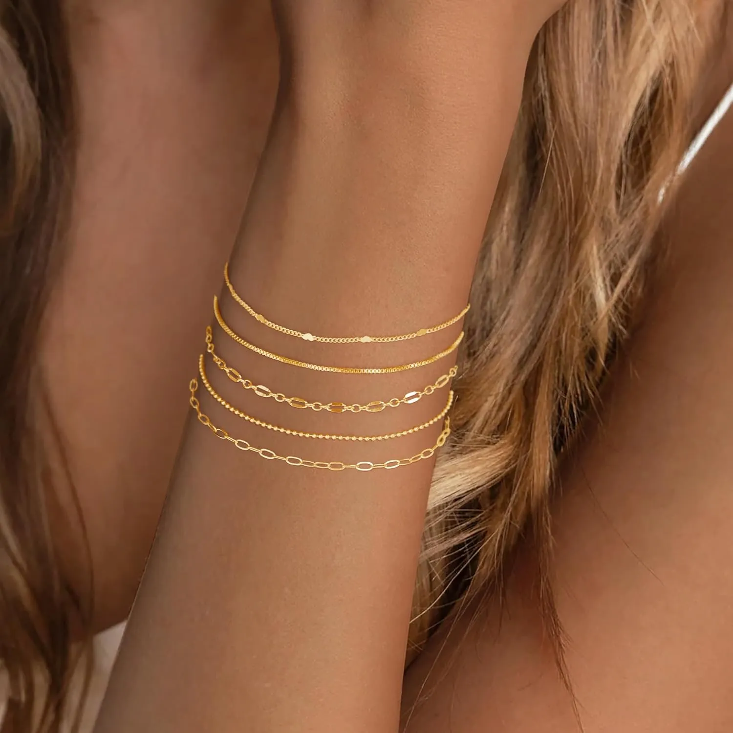 Gold Bracelets for Women Trendy,14K Real Gold Plated Dainty Stackable Paperclip Cuban Link Chain Bracelets,Cuff Bracelets Jewelry Set Adjustable 7" 2"