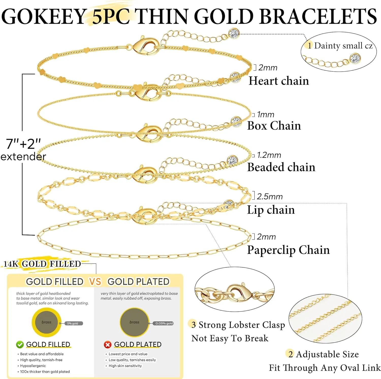 Gold Bracelets for Women Trendy,14K Real Gold Plated Dainty Stackable Paperclip Cuban Link Chain Bracelets,Cuff Bracelets Jewelry Set Adjustable 7" 2"