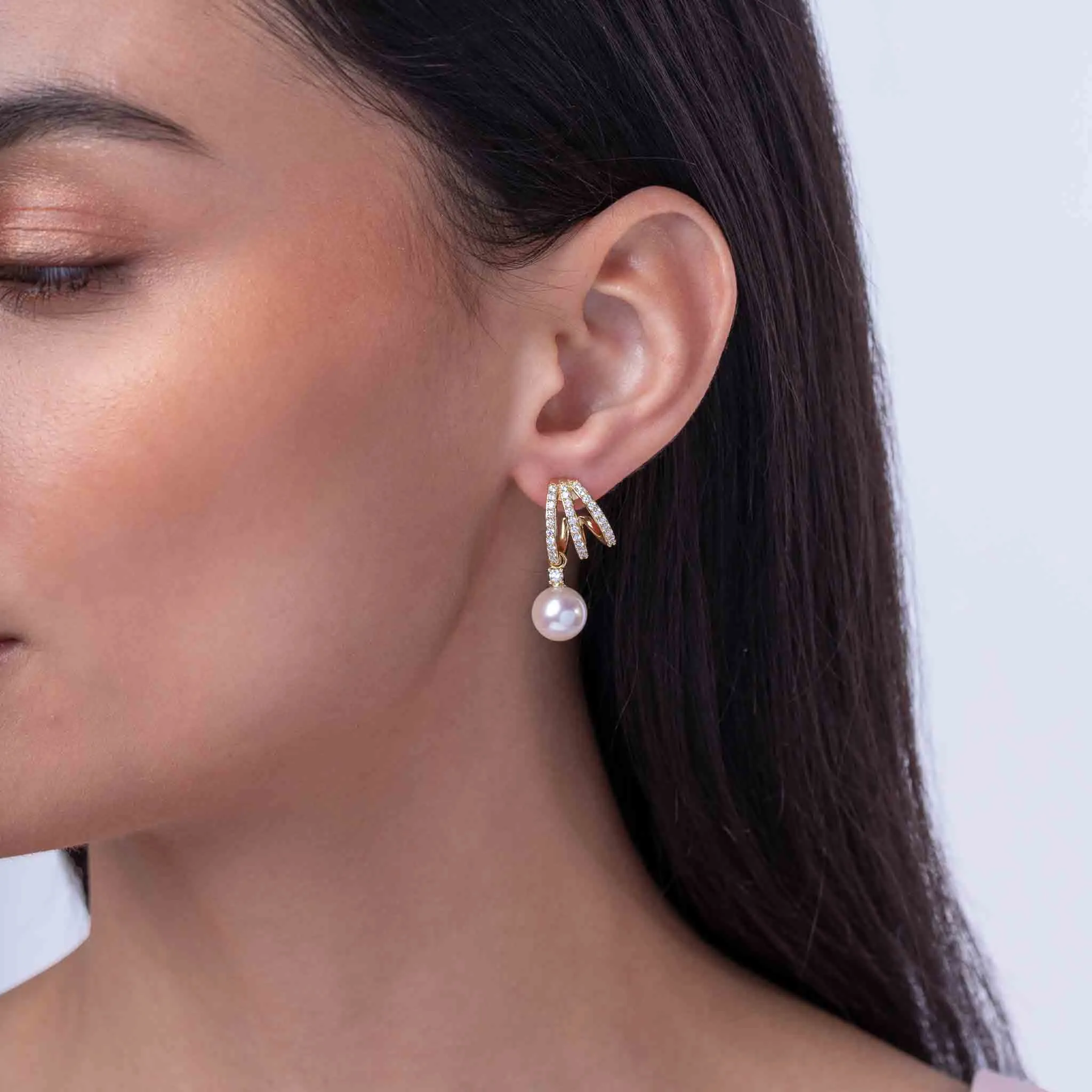 Jazz 18K Gold Akoya Pearl and Triple Hoop Diamond Earrings