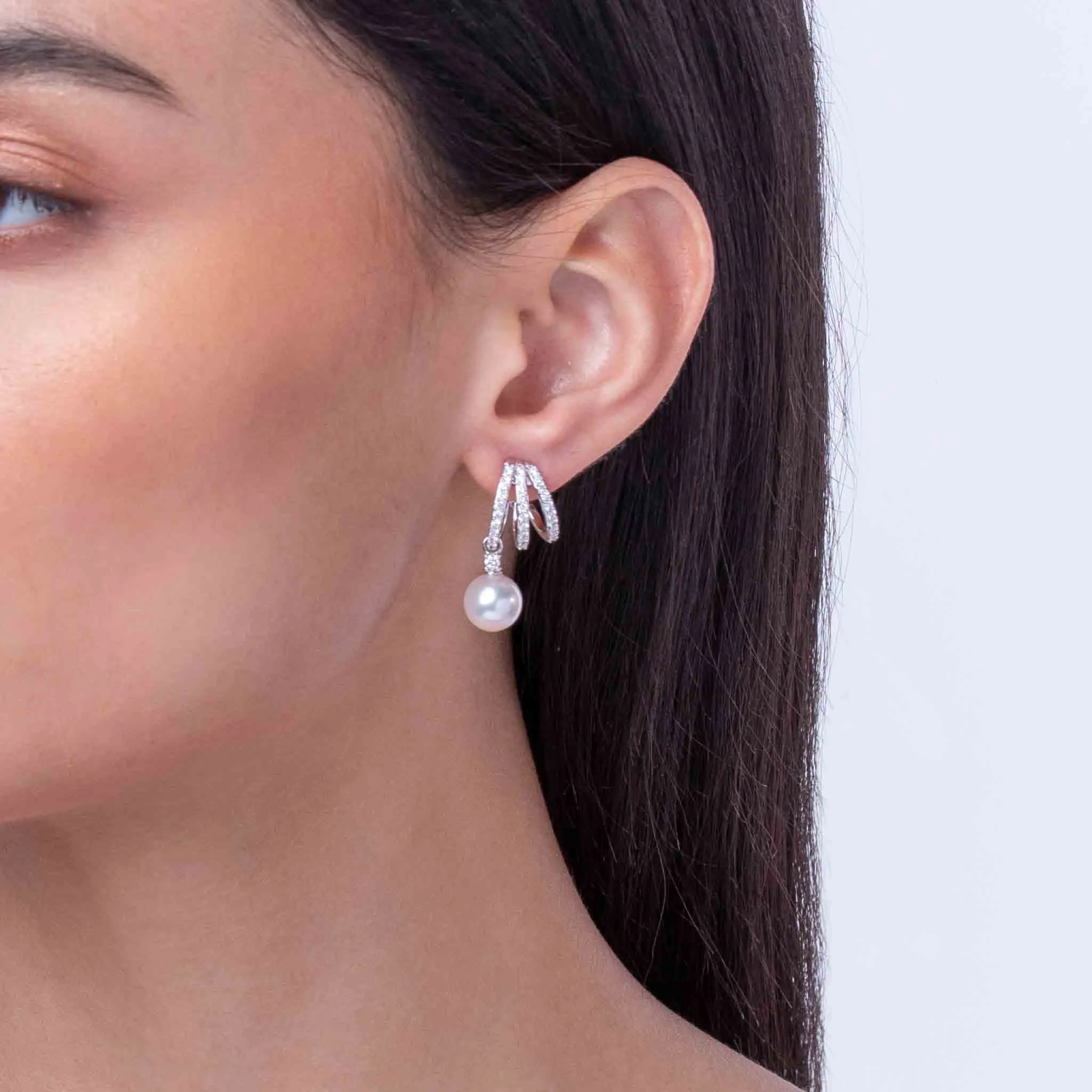 Jazz 18K Gold Akoya Pearl and Triple Hoop Diamond Earrings