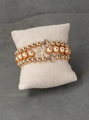 Matte And Shiny Gold Three Piece Bracelet Set With Clover