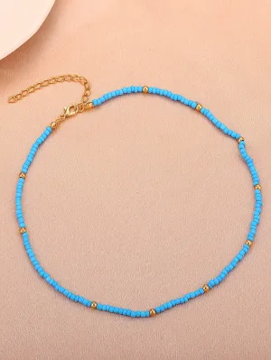Minimalist Gold and Blue Beaded Necklace for Women Girls Accessories Jewelry