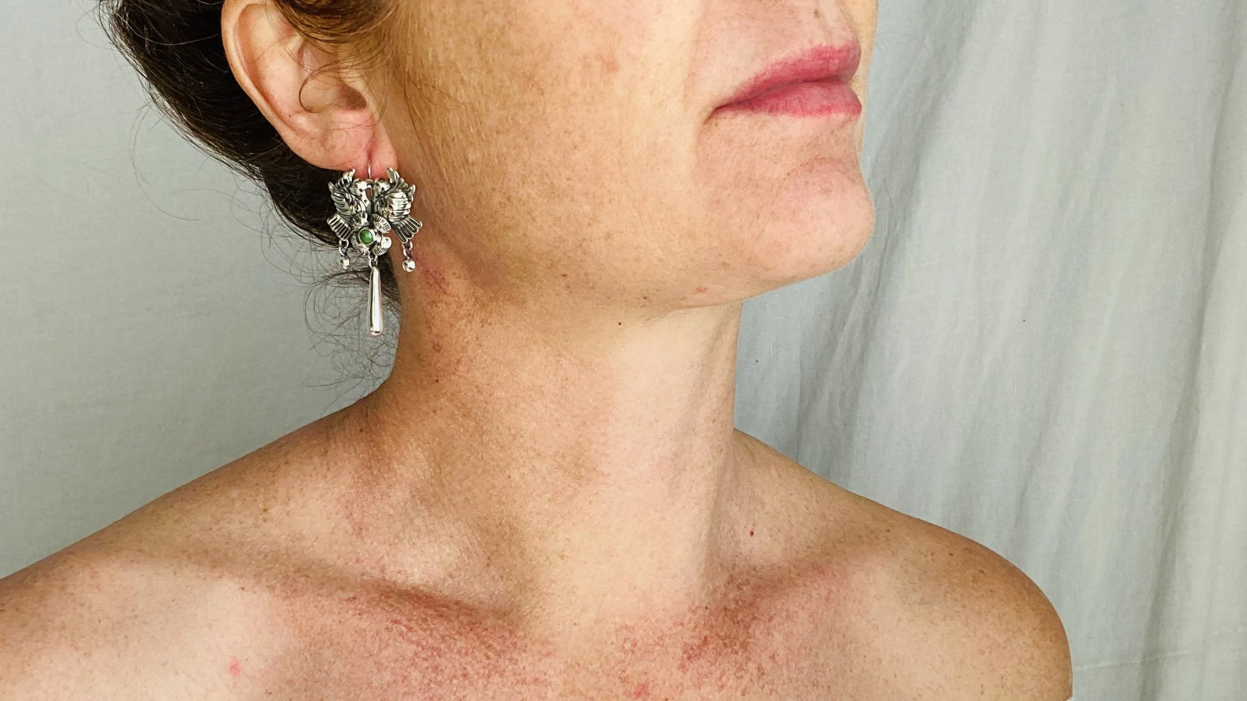 Taxco Love Bird Earrings. GREEN Turquoise & Sterling Silver. Mexico. Frida Kahlo