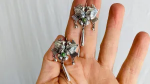 Taxco Love Bird Earrings. GREEN Turquoise & Sterling Silver. Mexico. Frida Kahlo