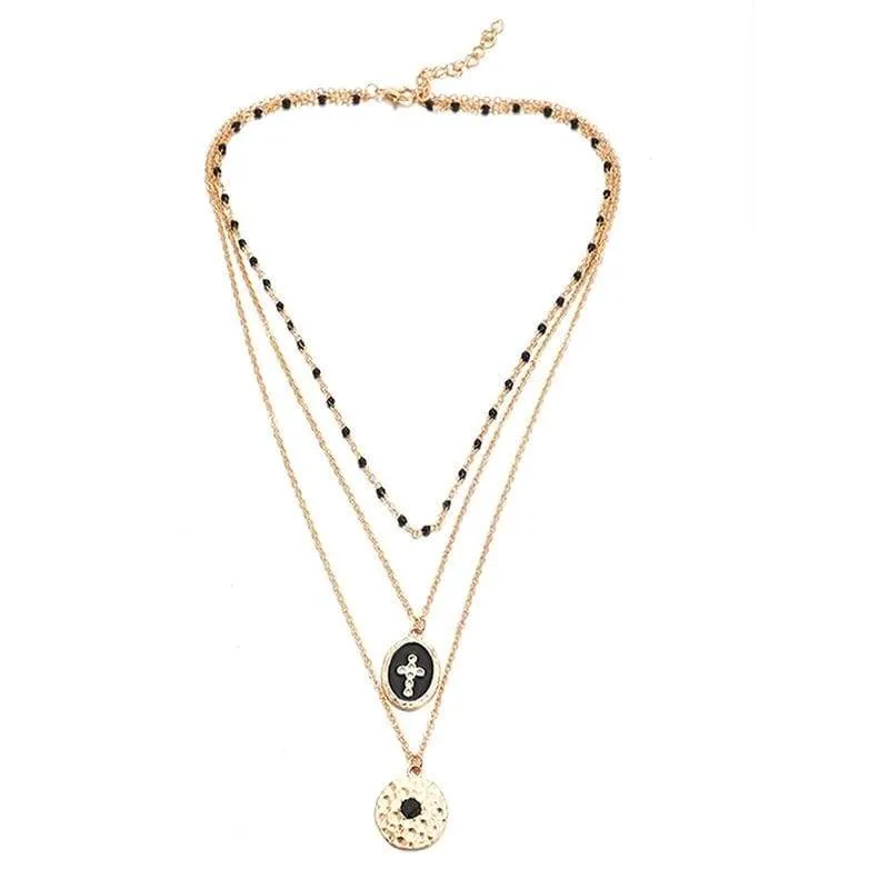 Tocona Multi-layer Retro Cross Geometric Pendant Beaded Necklace Gold Chain Choker Jewelry B25105 (B25105)