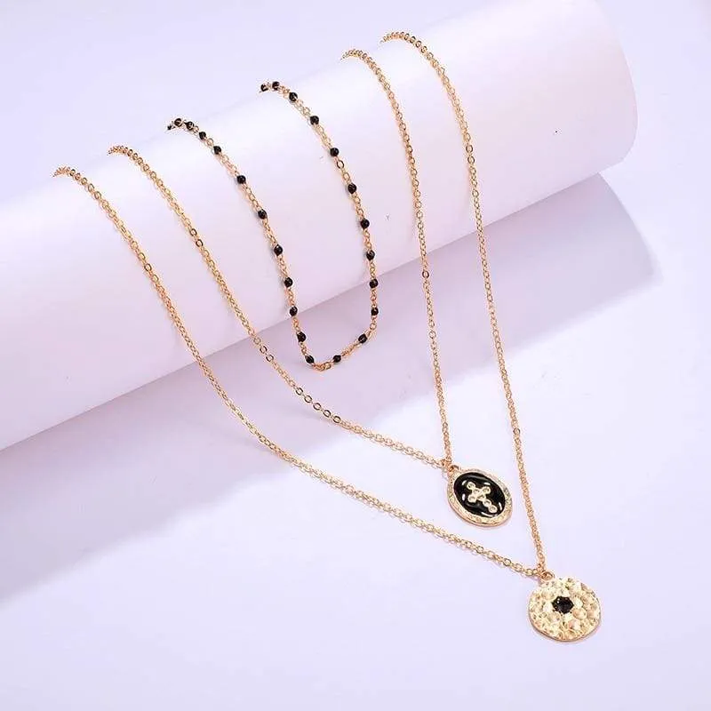 Tocona Multi-layer Retro Cross Geometric Pendant Beaded Necklace Gold Chain Choker Jewelry B25105 (B25105)