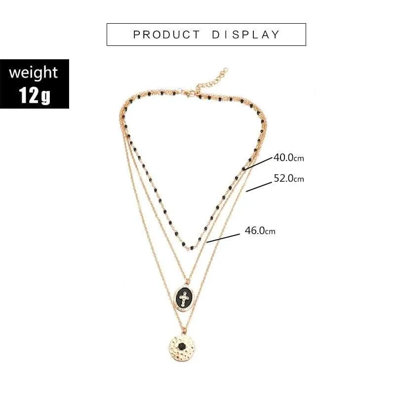 Tocona Multi-layer Retro Cross Geometric Pendant Beaded Necklace Gold Chain Choker Jewelry B25105 (B25105)
