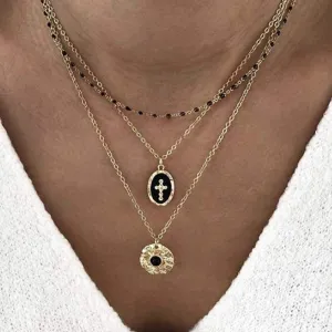 Tocona Multi-layer Retro Cross Geometric Pendant Beaded Necklace Gold Chain Choker Jewelry B25105 (B25105)