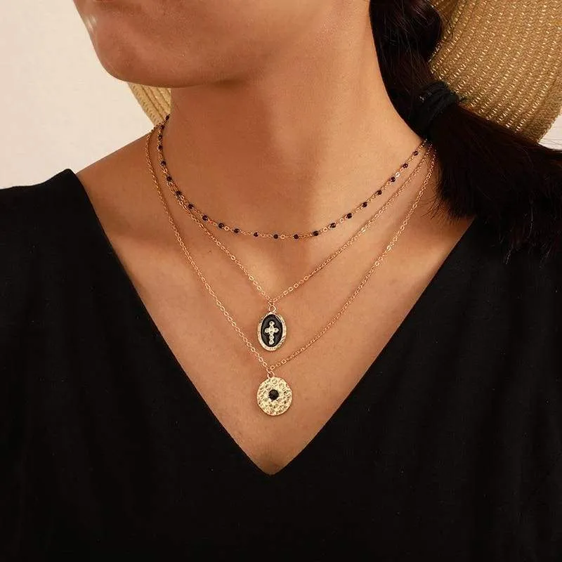 Tocona Multi-layer Retro Cross Geometric Pendant Beaded Necklace Gold Chain Choker Jewelry B25105 (B25105)