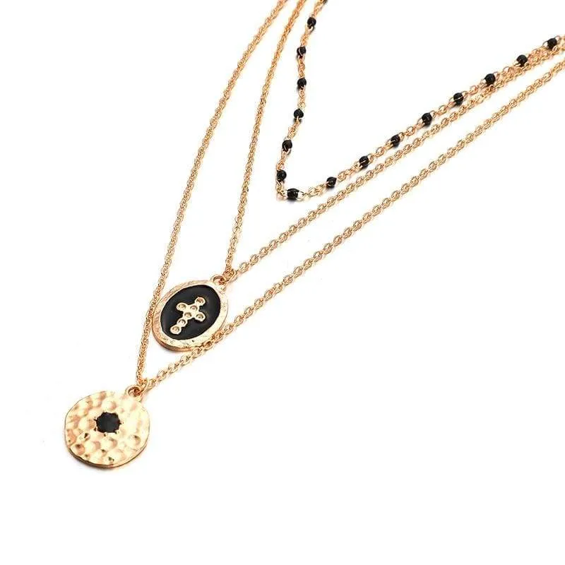 Tocona Multi-layer Retro Cross Geometric Pendant Beaded Necklace Gold Chain Choker Jewelry B25105 (B25105)