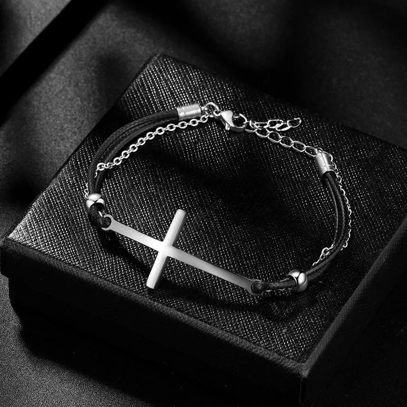 Tokyo Mart Men Cross Bracelet Jewelry Leather Black Braided Wristbands Stainless Steel
