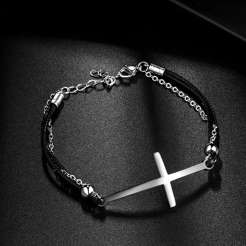 Tokyo Mart Men Cross Bracelet Jewelry Leather Black Braided Wristbands Stainless Steel