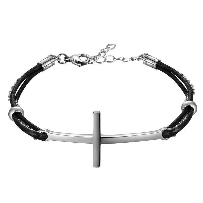 Tokyo Mart Men Cross Bracelet Jewelry Leather Black Braided Wristbands Stainless Steel