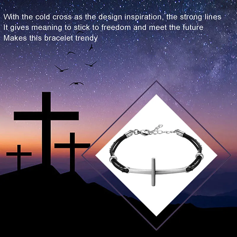 Tokyo Mart Men Cross Bracelet Jewelry Leather Black Braided Wristbands Stainless Steel