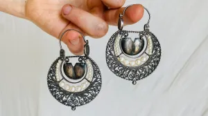 Vintage Oaxacan Filigree Earrings With Pearl. Long And Dramatic. Sterling Silver. Mexico. Frida Kahlo