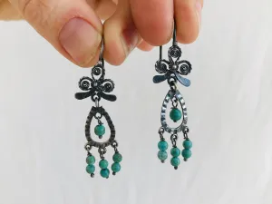 Vintage Oaxacan Filigree Earrings with Turquoise. Sterling Silver. Mexico. Frida Kahlo