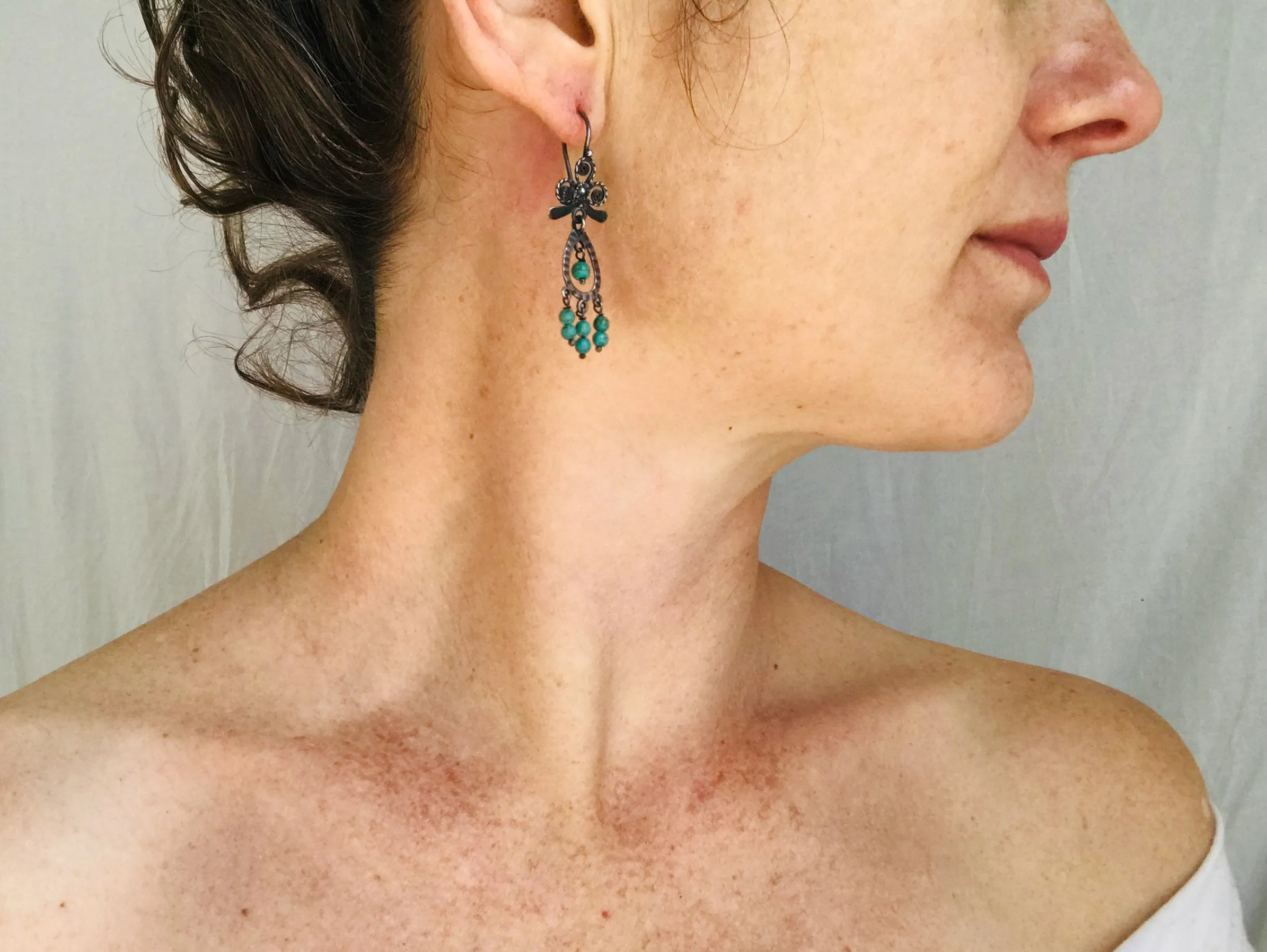 Vintage Oaxacan Filigree Earrings with Turquoise. Sterling Silver. Mexico. Frida Kahlo