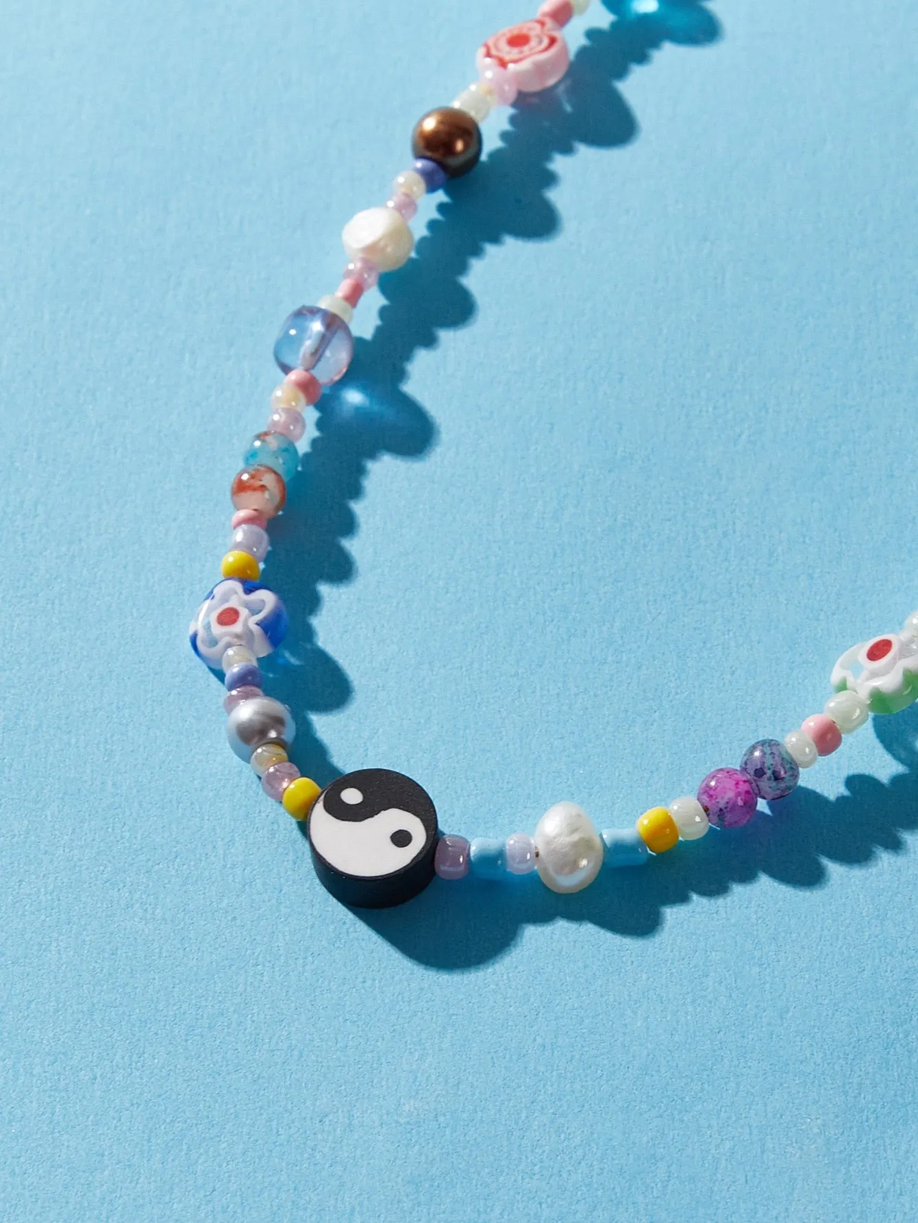 Yin Yang Flower Detail Beaded Necklace for Women Girls Accessories Jewelry Gifts